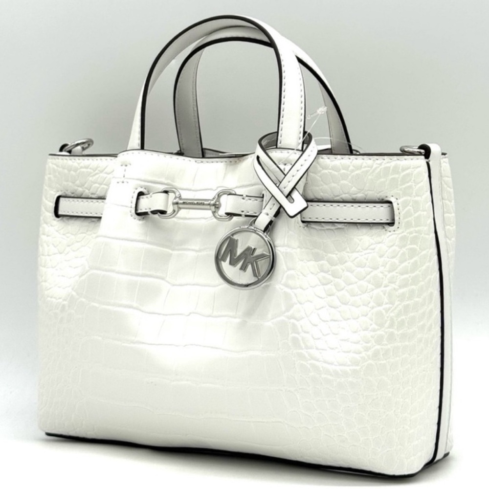 Michael Kors Carson Small Crocodile Embossed Satchel Bag Optic White